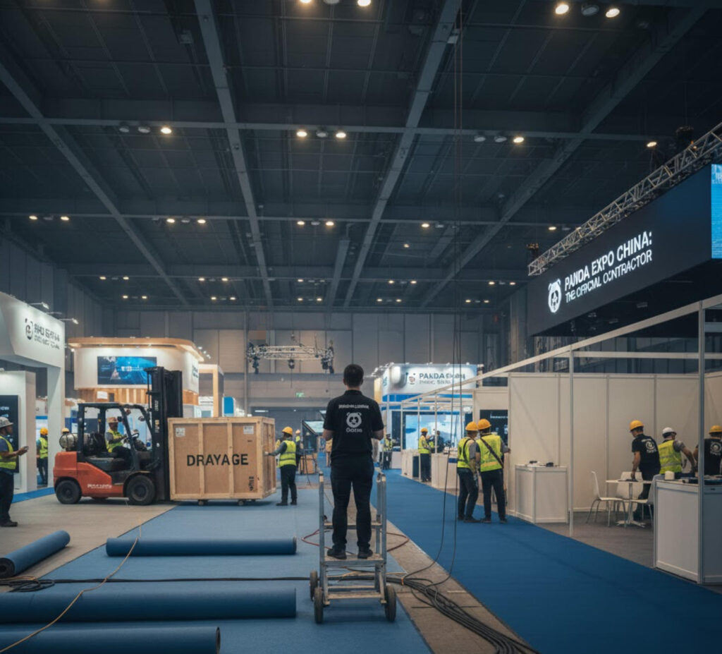 Panda Expo China team managing hall infrastructure and drayage at a major exhibition center