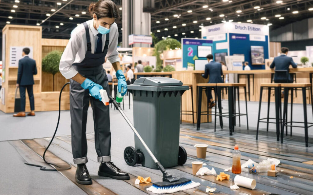 Professional uniformed cleaning staff maintaining a high-end exhibition booth
